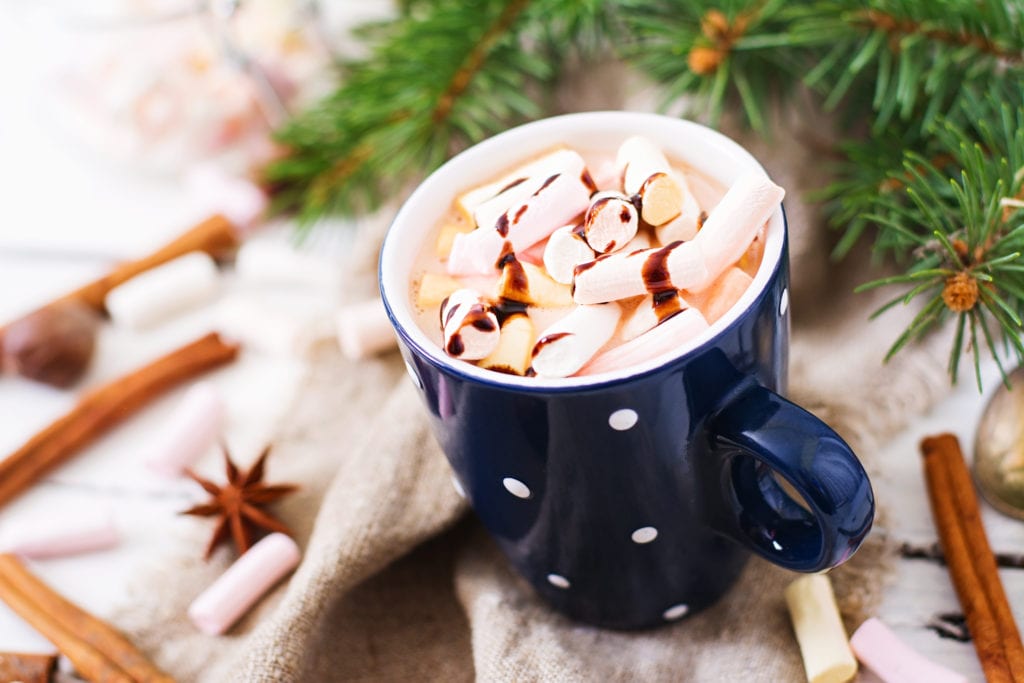 Cup of hot cocoa or chocolate with marshmallow on a light background